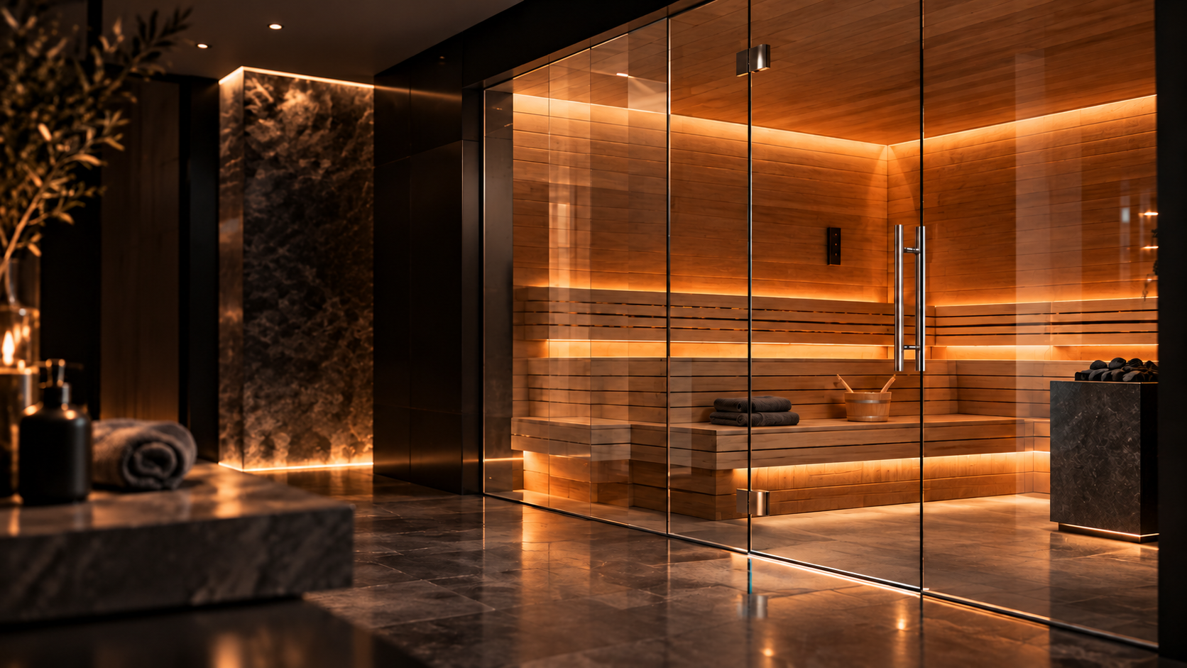 Sauna mit maßgefertigter Glasabtrennung in München